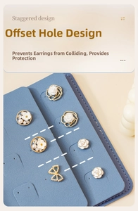 Macro view of blue leather jewelry organizer featuring staggered earring hole design