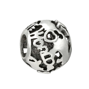 Macro detail of silver bead with hollow world text and heart design for DIY bracelets