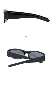 Detailed side and back view showing the sleek black frame of oval retro sunglasses