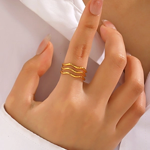 Layered Wave Open Ring Stainless Steel Hammered Texture Minimalist Adjustable Band Jewelry For Women