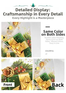 Macro detail showing Merry Christmas sticker with double-sided gold and green festive patterns