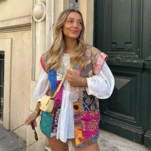 Bohemian sleeveless printed cotton vest jacket for women in stylish ethnic patchwork design
