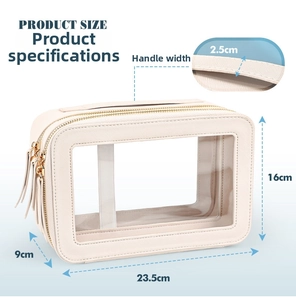 Detailed dimension chart for a cream PU leather makeup bag with clear PVC windows
