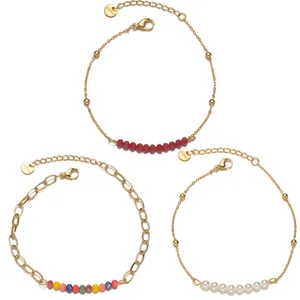 Stainless Steel Beaded Bracelet Gold Plated With White Artificial Pearl Colored Beads Minimalist Fashion Jewelry For Women