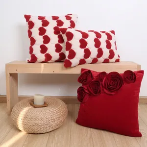 Romantic velvet red rose and heart throw pillow covers for wedding living room decor