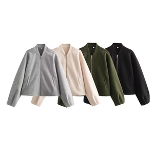 Detail view of various colored zip-up bomber jackets with side pockets and stand collar