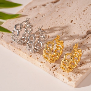 Chic gold and silver plated Cuban link hoop earrings with sparkling zircon stones