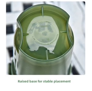 Close-up of green transparent plastic cup base with non-slip BPA FREE certification