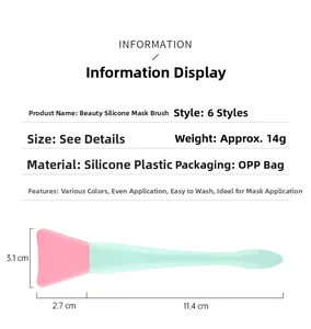 Silicone facial mask brush detail with size specs: 11.4cm length and pink soft brush head