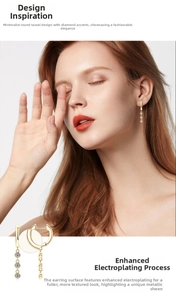 Detail of gold tassel earrings with round moissanite stones and thick plating