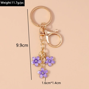 Detail of purple cherry blossom keychain with size measurements and lobster clasp
