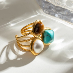 Vintage gold plated stainless steel ring with tiger eye, turquoise and white pearl