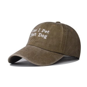 Close-up of white embroidery text Can I Pet That Dog on washed brown baseball cap