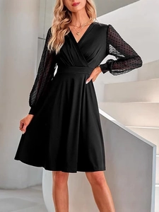 Elegant black V-neck A-line dress with sheer polka dot mesh long sleeves for women