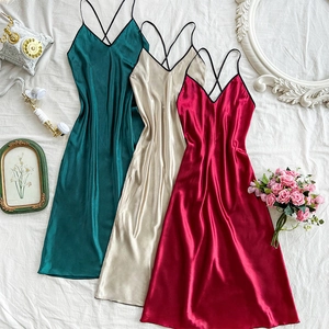 Silk satin slip nightgown in champagne, burgundy, and emerald green with V-neck style
