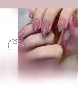 Macro detail of French style pink glitter press-on nails with code JP2128