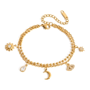 Bracelet double couche en acier inoxydable doré 18 carats avec lune et œil protecteur