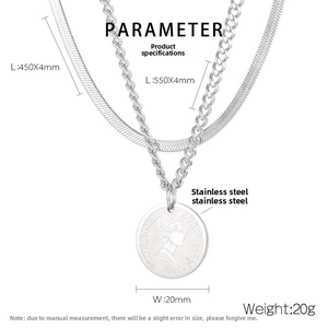 Detailed measurements of double layered silver stainless steel Elizabeth II coin necklace