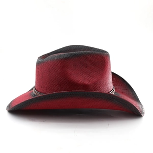 Detail of red and black gradient woven western cowboy hat with brown braided rope band