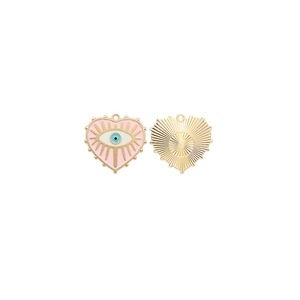Pink heart enamel charm with evil eye pattern and gold-tone sunburst textured back