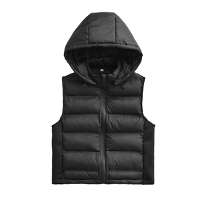 Detail view of black hooded quilted vest showing side stretch panels and size M label
