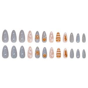 24pcs Ocean themed almond press-on nails with 3D starfish shells and pearl decorations