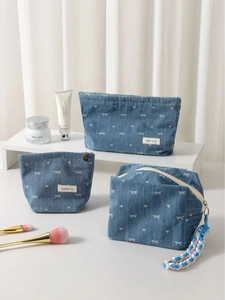 Denim Cosmetic Bag Heart Bow Jacquard Travel Makeup Organizer Storage Pouch Sweet Aesthetic For Women Girls
