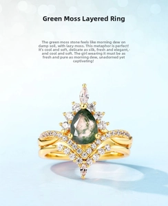 Pear cut green moss agate ring set with sparkling zircon in gold plated crown design