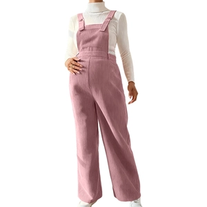 Pink corduroy maternity overalls with adjustable straps and high waist for pregnant women