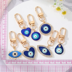 Detail of Turkish Evil Eye keychain set with blue enamel and sparkling rhinestones