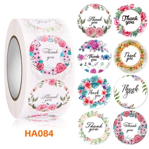 Macro detail of 8 floral Thank You adhesive labels with elegant botanical designs and patterns