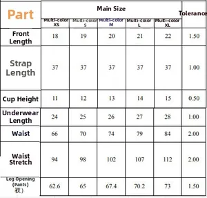 Detailed size guide table for women's printed bikini including top and bottom measurements