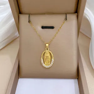 Virgin Mary Pendant Necklace Elegant Titanium Steel Chain And Copper Zircon Oval Religious Relief Clavicle Jewelry For Women
