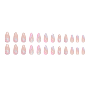 24pcs almond press-on nails with pink glitter, floral patterns and wave designs