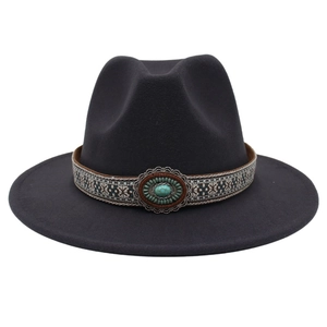 Chapeau fedora en feutre gris foncé avec bande tissée ethnique et turquoise