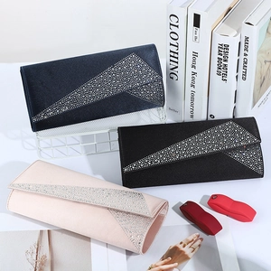Elegant Women Evening Clutch Bag Satin Fabric With Rhinestones Geometric Pattern Magnetic Closure Metal Chain Strap Party Prom