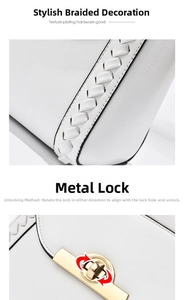 Detail of white leather shoulder bag featuring woven side decor and golden twist lock