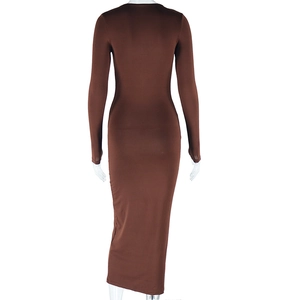 Back view of a chocolate brown long sleeve bodycon dress in ribbed knit fabric