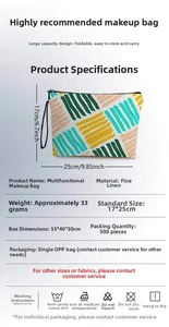 Détail de la trousse à maquillage en lin à rayures colorées avec dimensions 17x25cm et dragonne