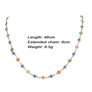Detail view of Evil Eye necklace with colorful enamel flowers and 46cm gold chain length