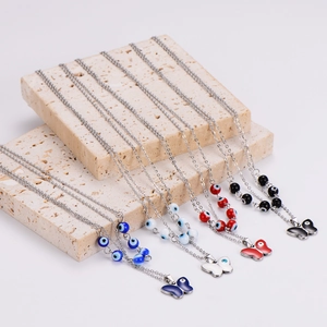 Silver stainless steel butterfly necklace with evil eye beads in multiple colors