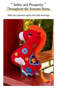 Detailed view of a red Chinese style plush horse featuring traditional folk embroidery