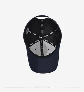 Detailed interior of navy baseball cap featuring reinforced brand tape and sweatband