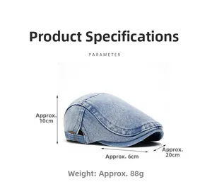 Size parameters of light blue washed denim newsboy cap with 6cm brim and 10cm height
