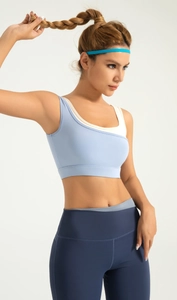 Detail of one-shoulder high-impact sports bra with a double-layered asymmetric design