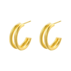 Detailed view of glossy gold-plated double hoop earrings with a twisted C-shape design