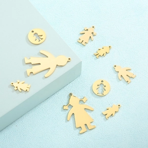 Titanium steel necklace pendants featuring laser-cut boy girl and circle charms in gold finish