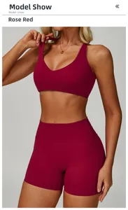 Detail of rose red sports bra and high-waist shorts set for yoga and fitness wear