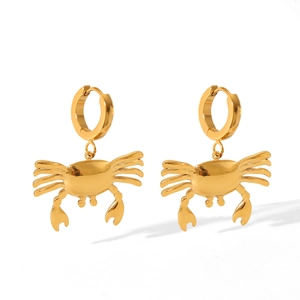 Detailed close-up of golden crab-shaped earrings with polished finish and round clasps