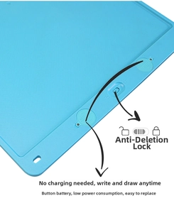 Detail view of the 12-inch writing tablet back showing anti-deletion lock and CR2025 battery